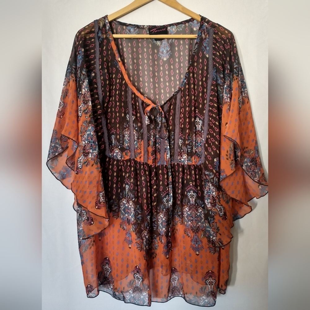 Torrid Flutter Sleeve Women's Fall Floral Chiffon Top - Orange and Black Size 2